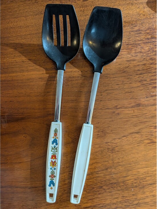 Other - Vintage Nylon Slotted and Solid Serving Spoon White Plastic Handle Unbranded